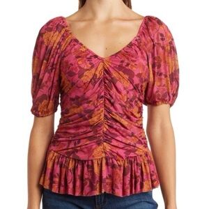 DR2 Floral Ruched Puff Sleeve Blouse – Size Large​​